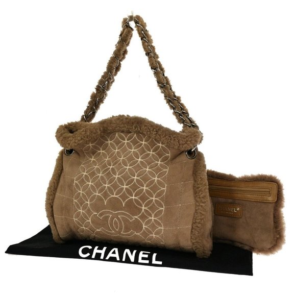 CHANEL CC Logo Chain Shoulder Bag Pouch Mouton Suede Leather Brown SHW 683RH847 - Picture 1 of 15